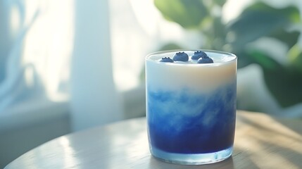 A fresh blueberry smoothie with a dreamy ombre blend, rich blue fading into soft white, in a modern glass, placed on a light wooden table with natural lighting enhancing the colors. --ar 16:9