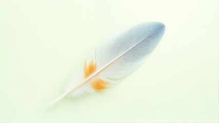Generative A.I. creates a delicate feather with a soft gradient of white and orange, resting on a pastel green background, symbolizing lightness, freedom, and elegance in minimalistic beauty