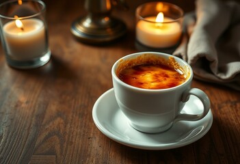 Golden-brown CrÃ¨me BrÃ»lÃ©e on rustic wooden table