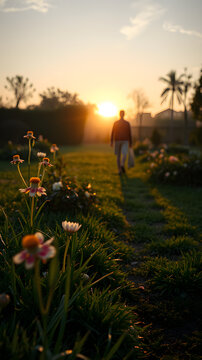 A beautiful sunrise over a garden, with dew-covered grass and flowers beginning to open. A person walks down a garden path, enjoying the peaceful morning, while birds sing in the background.
