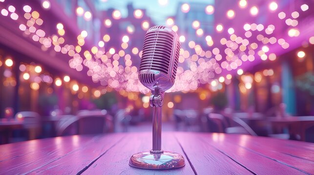 Retro microphone on a table in a vibrant outdoor setting