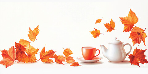 White background with autumn leaves and cup fo tea and teapot. Generated AI 