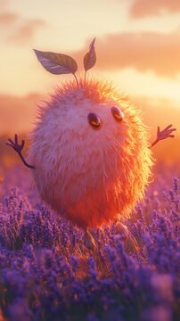 Whimsical fuzzball amidst a vibrant lavender field at sunset enchanting glow