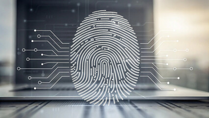 Digital Footprint Concept Stylized fingerprint with digital circuits on laptop background, symbolizing technology and security