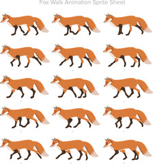 Obraz premium Fox Walking Animation, Fox Animation Sprite sheet, fox vector illustration