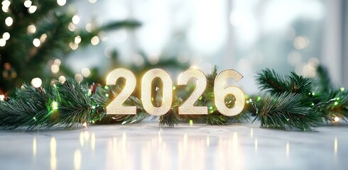 Glowing 2026 New Year numbers on a festive background with evergreen branches and lights.