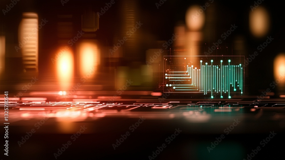 Poster futuristic abstract digital circuit board with glowing elements and data visualization in dark backg
