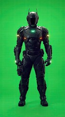 Obraz premium Solid green screen background concept. Futuristic humanoid robot in sleek armor stands against a green background.