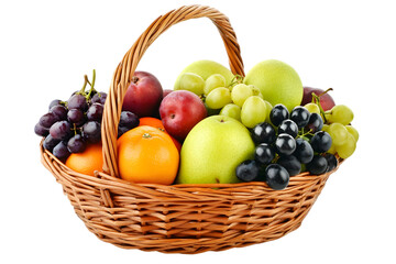 Basket Filled with Fresh Assorted Fruits Grapes Apples Plums and Mandarins on Transparent Background