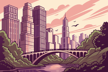 Obraz premium Stunning Urban Cityscape Vector Illustration – Modern Skyline Silhouette at Night