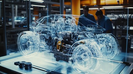 Engineers reviewing holographic car design in futuristic workshop