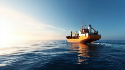 Fototapeta premium Yellow industrial ship navigating through calm blue waters under a bright sky with gentle clouds and soft sunlight