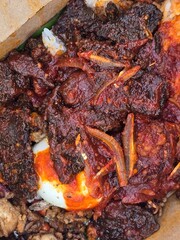 This image showcases a delicious serving of Nasi Lemak, Malaysia&rsquo;s iconic dish, presented in a biodegradable takeaway box.