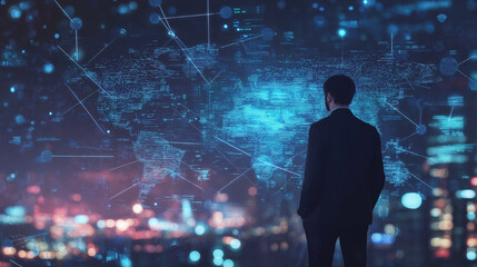 A business professional in a dark suit interacting with a floating holographic cloud computing interface. The interface displays interconnected cloud storage icons, data servers, and networking symbol