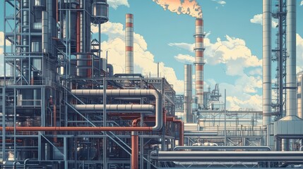 Fototapeta premium Industrial Refinery Complex Pipes, towers, smoke, sunny sky, energy production
