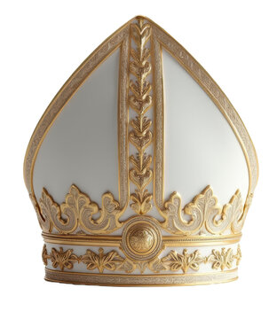 Mitra de color blanco y dorado sobre fondo blanco. PNG.