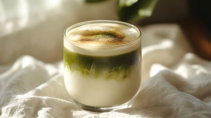 A simple yet elegant iced matcha latte, layered with precision, deep jade green on top of a smooth white milk base, served in a minimalist glass, placed on a clean,
