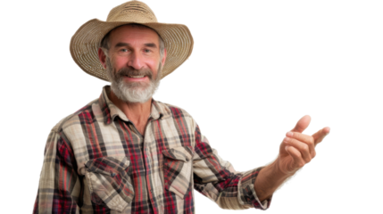Smiling farmer pointing with finger on transparent background
