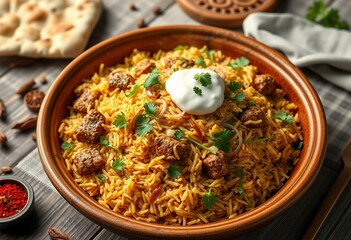 Aromatic Biryani with cilantro garnish and raita