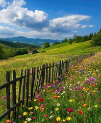 Fototapeta premium Vibrant Spring Flowers Blooming Across a Rolling Hillside with Wooden Fence