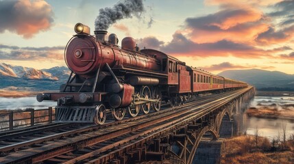 Naklejka premium Vintage steam train crossing bridge at sunset, mountains background, travel poster