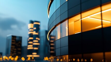Modern Urban Architecture at Dusk with Illuminated Windows and Blurred City Background