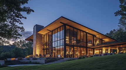 Modern glass house, dusk, wooded hillside, outdoor seating, luxury real estate