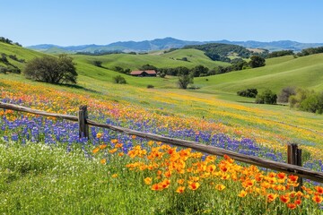 Vibrant Spring Flowers Blooming Across a Rolling Hillside with Wooden Fence
