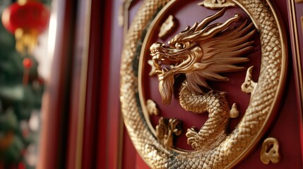 Golden dragon emblem on red Chinese door, festive decorations in background