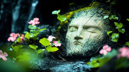 Mystical Stone Face Bas Relief  Waterfall  Flowers  Nature  Cottagecore  Artistic  Ancient