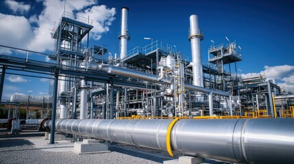 Industrial plant processing energy under blue sky