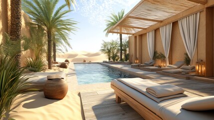 Obraz premium Desert Oasis Poolside Relaxation Luxury resort pool, sun loungers, palm trees, dunes background, travel brochure
