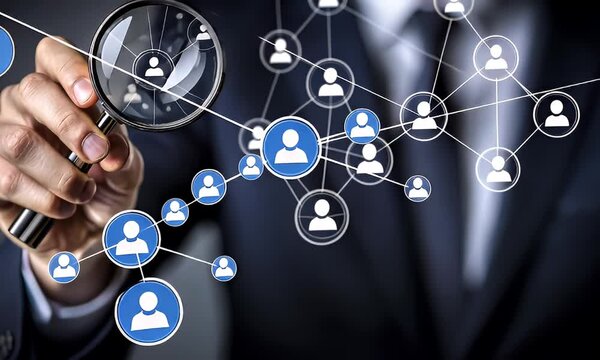 Businessman investigates network connections with a magnifying glass against a blurred grey background