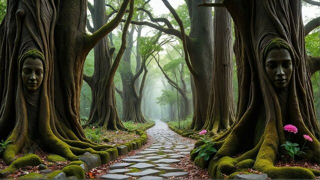 Generative A.I. envisions an enchanted forest with towering ancient trees, their trunks entwined with mystical human faces, lining a misty stone path that vanishes into the serene green horizon