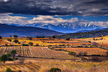 Naklejka premium Mountain of snow -capped Pyrenees seen from Aude in France.