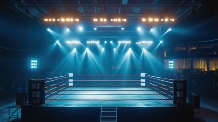 Brightly lit wrestling ring ready for competition in a spacious arena at night with an energetic atmosphere
