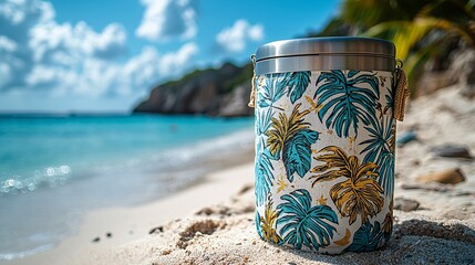 Tropical Beach Cooler with Colorful Leaves on Sandy Shoreline