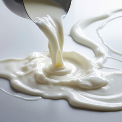 Creamy liquid spills over a smooth surface creating a delicate swirl during a kitchen preparation activity