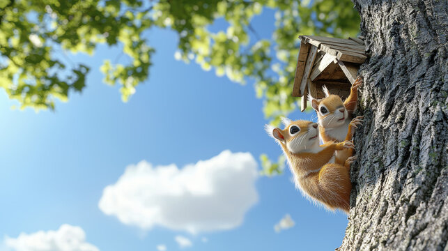 Cute cartoon squirrels playfully interacting near their tree house under bright blue sky