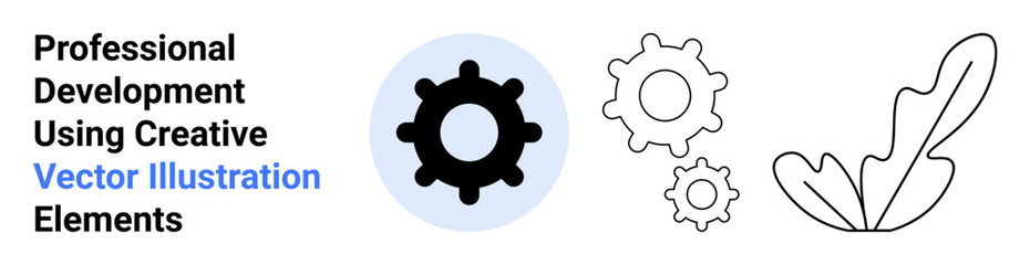 Fototapeta premium Black gears of different sizes with a decorative leaf element. Ideal for teamwork, innovation, business solutions, planning, workflow, technical processes, education. Perfect for a flat landing page