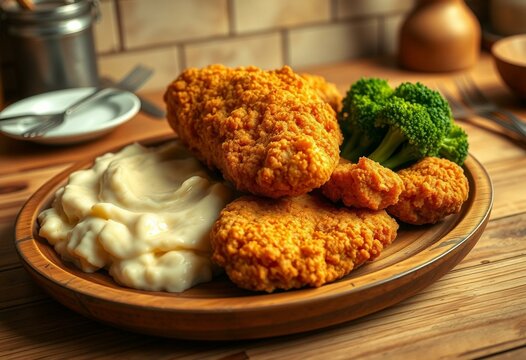 Fried Chicken with Mashed Potatoes and Broccoli
