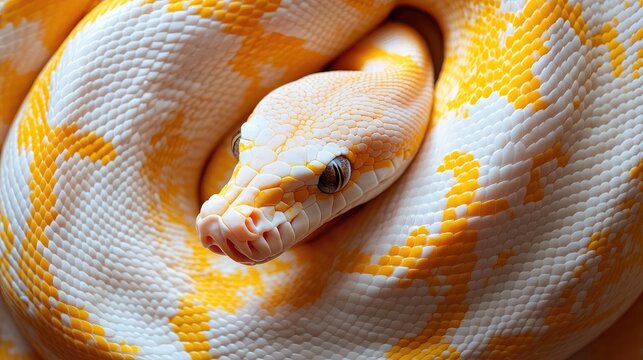 Hypnotic gaze of Albino Burmese Python coiled and ready to strike