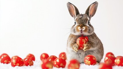 Fototapeta premium Bunny holds ornament, snowy scene