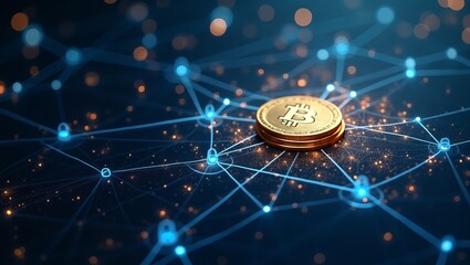 Bitcoins Global Network A Golden Coin Rests At The Heart Of A Vibrant, Interconnected Digital World, Glowing With Potential And Opportunity, In A Dark Blue Digital Landscape