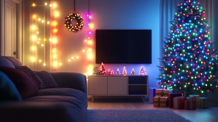 Cozy Christmas living room, festive lights