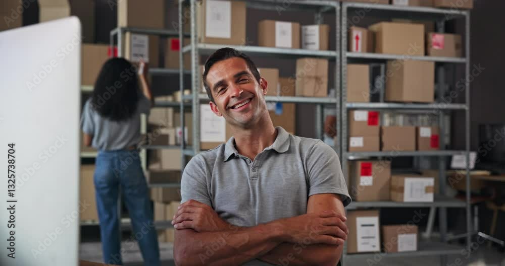 Poster crossed arms, shipping and face of man with boxes on computer for delivery, logistics and distributi