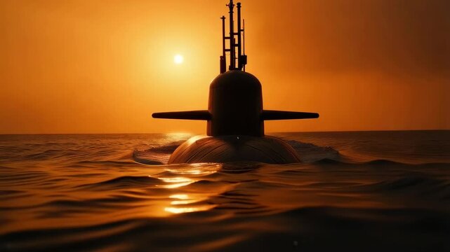 A nuclear submarine partially submerged in the ocean, silhouetted against sunset