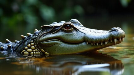 Fototapeta premium Close-up of an alligator's head partially submerged in water, showcasing its textured skin and sharp teeth.