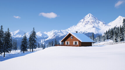 Fototapeta premium cozy wooden cabin surrounded by snow covered mountains and pine trees, creating serene winter landscape