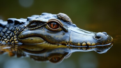 Fototapeta premium Close-up of an alligator's head partially submerged in water, showcasing its eye and textured skin.